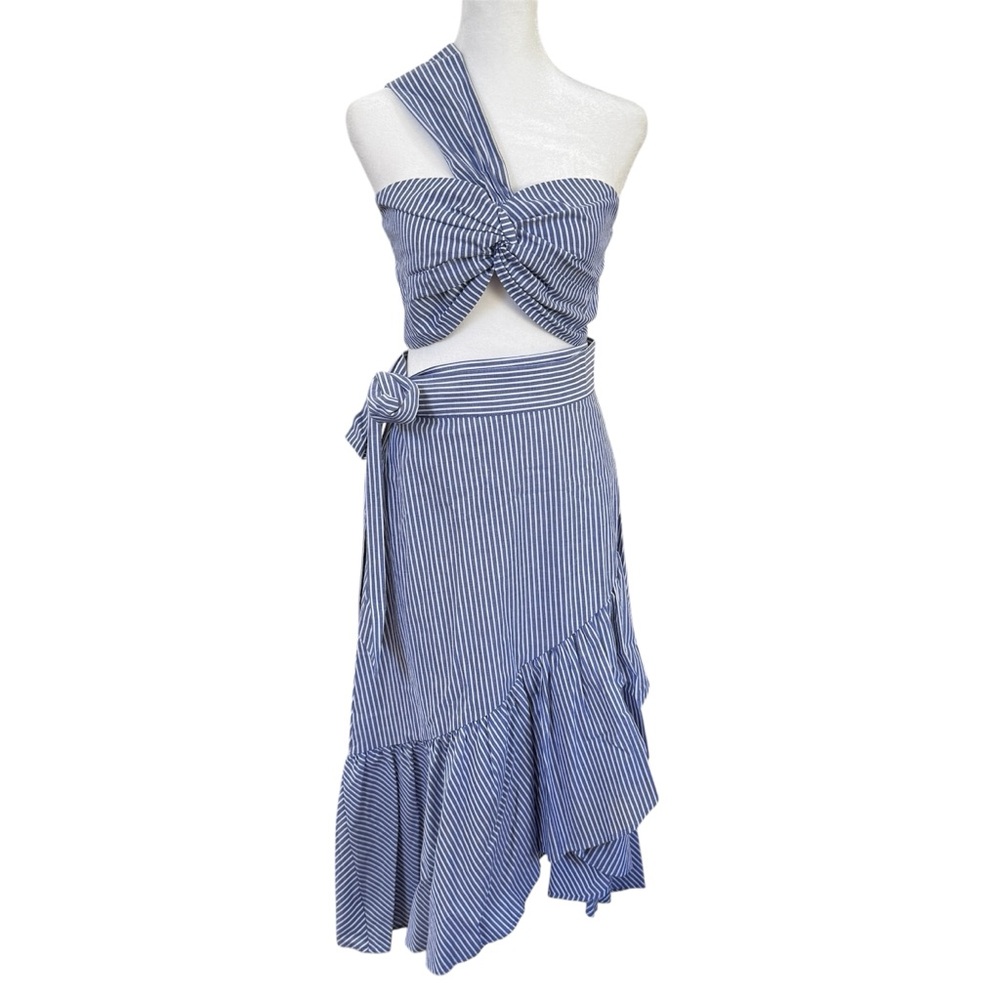 Willow Blue White‎ Stripe Two Piece Set Sz S One Shoulder Crop Top Wrap Skirt